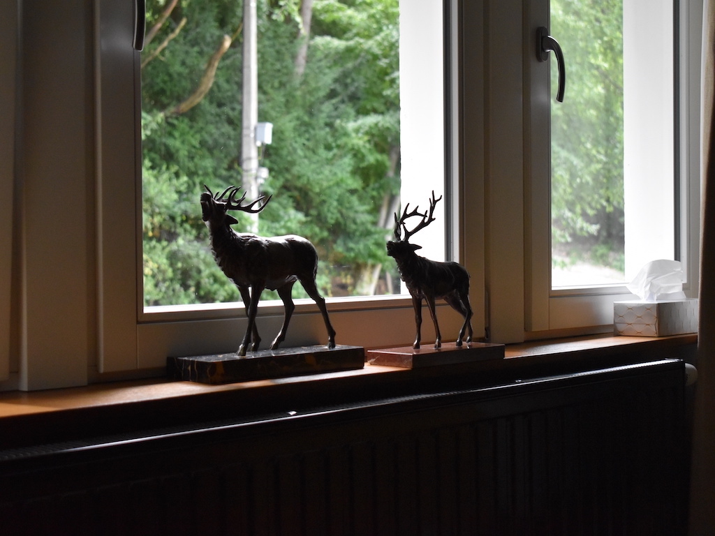 Cerfs en bronze, vue sur la forêt